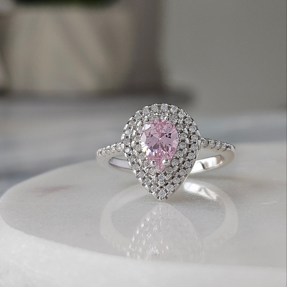 Pear Shaped Double Halo Teardrop ring with Pink Gemstones, 925 Sterling Silver - Picture 4 of 4